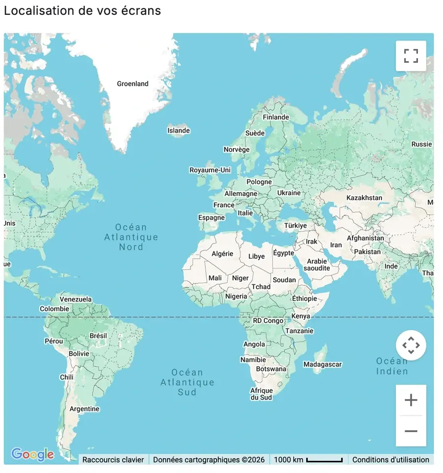 Carte du monde dans l'application Frame Up permettant de localiser chaque écran connecté