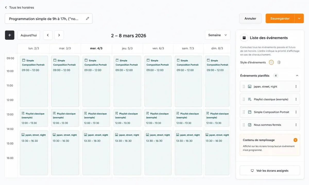Planning hebdomadaire de diffusion dans l'application Frame Up, avec les créneaux et les extinctions programmées