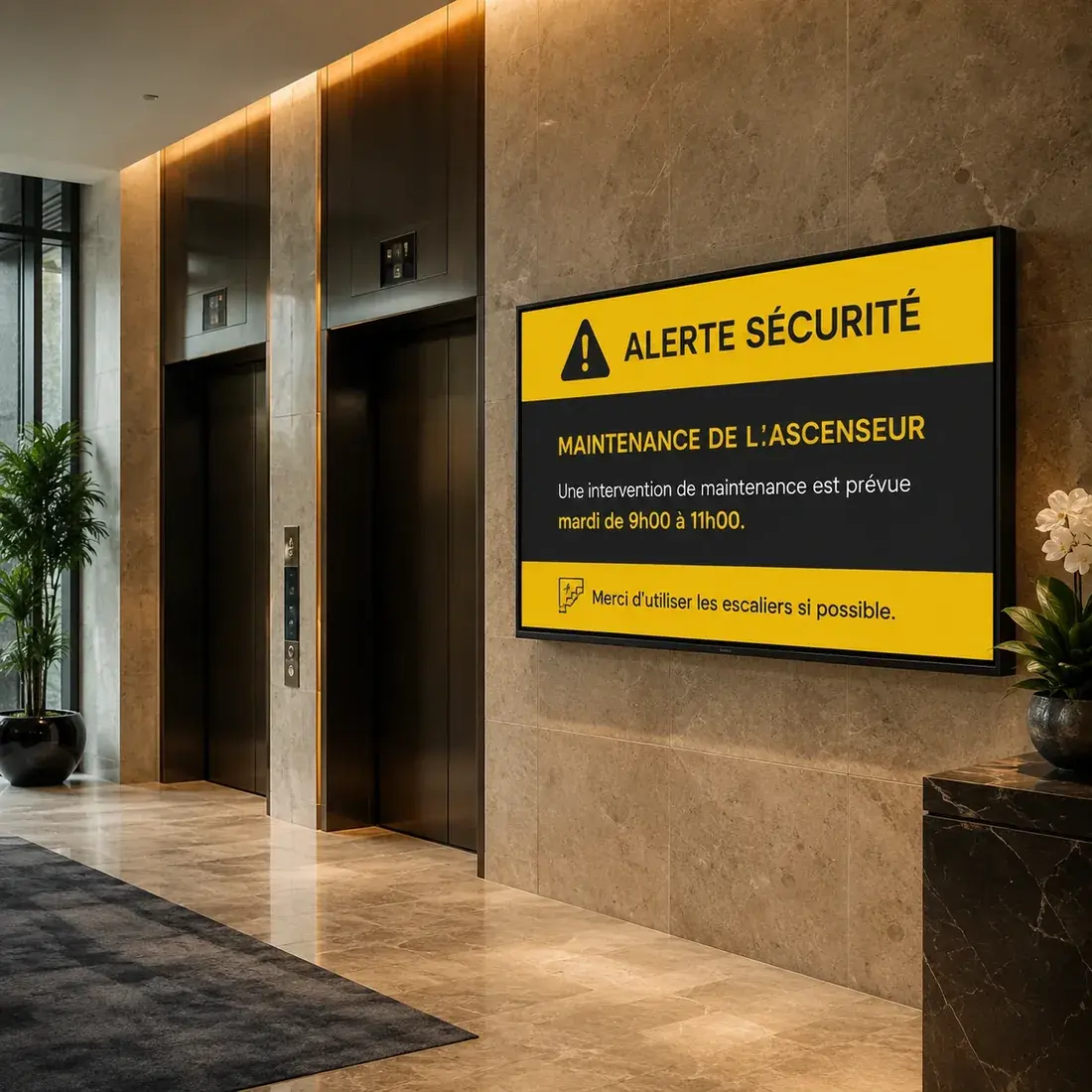 Écran devant des ascenseurs affichant une alerte de maintenance et les horaires d'intervention