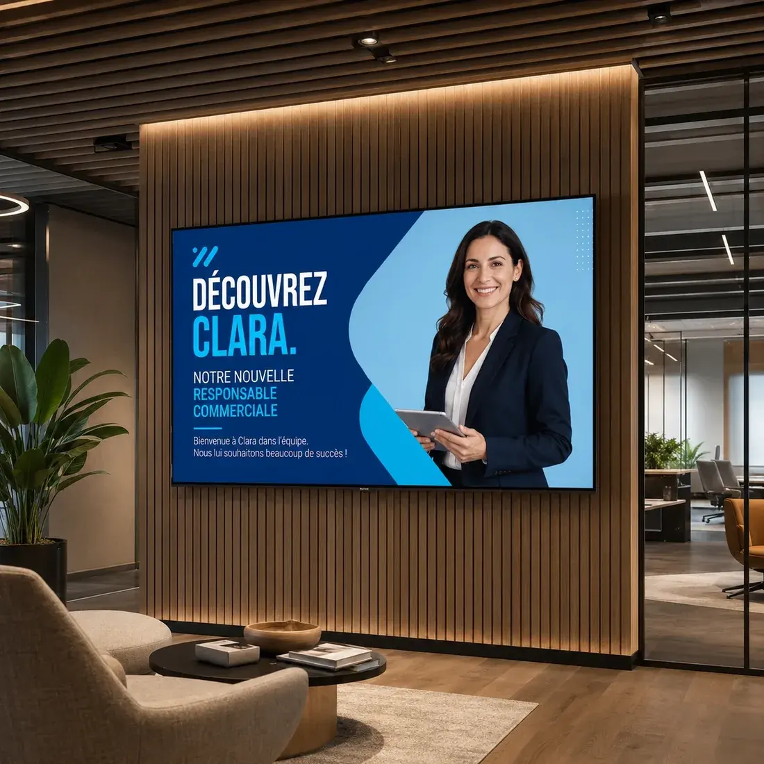 Écran mural dans un espace de travail présentant l'arrivée d'une nouvelle responsable commerciale