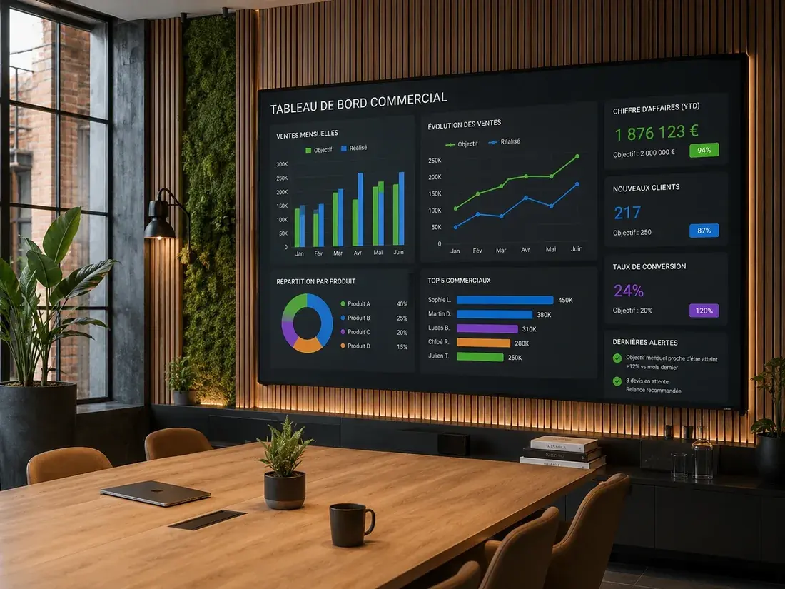 Grand écran affichant un tableau de bord commercial détaillé dans une salle de réunion