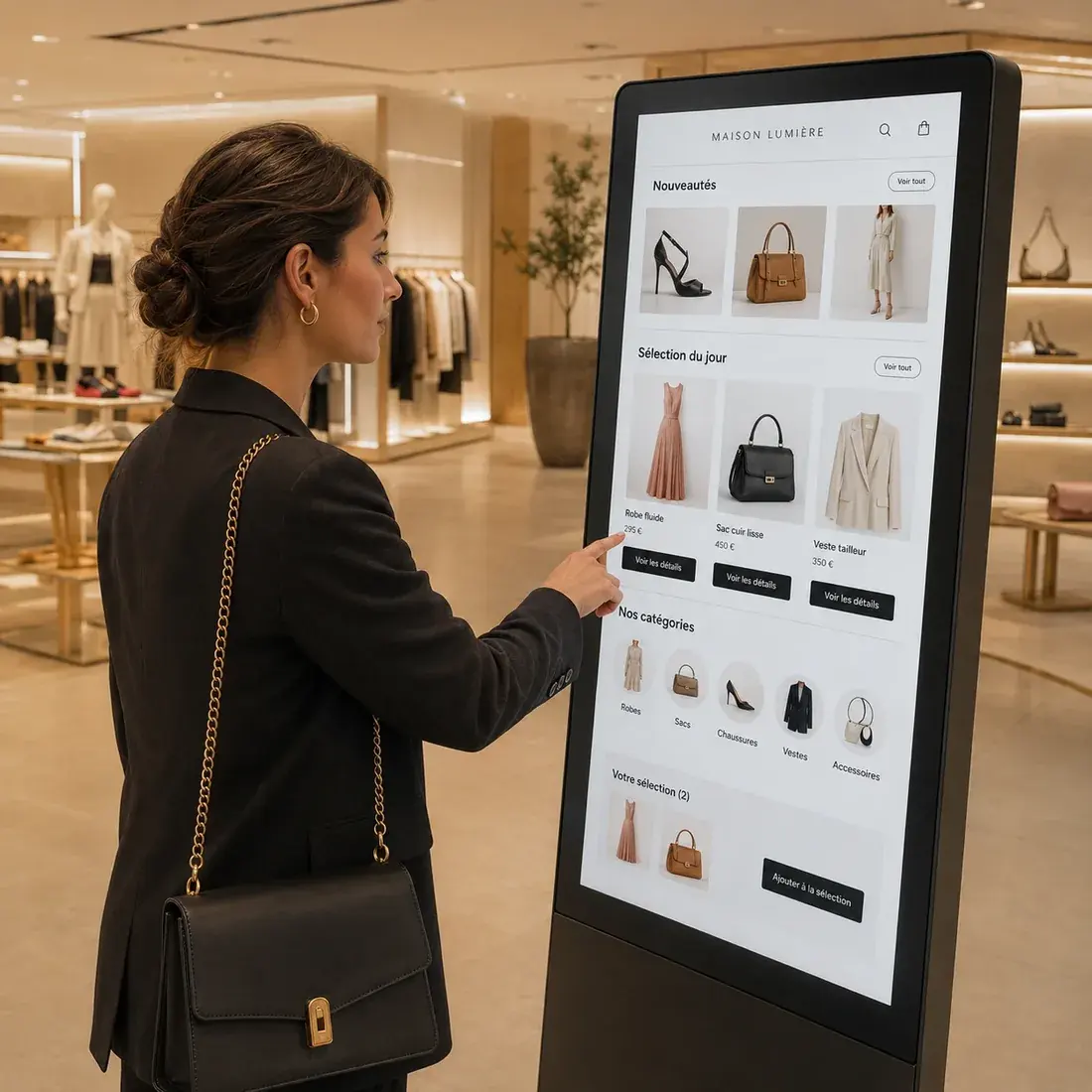 Cliente utilisant une borne tactile verticale pour parcourir le catalogue d'une boutique