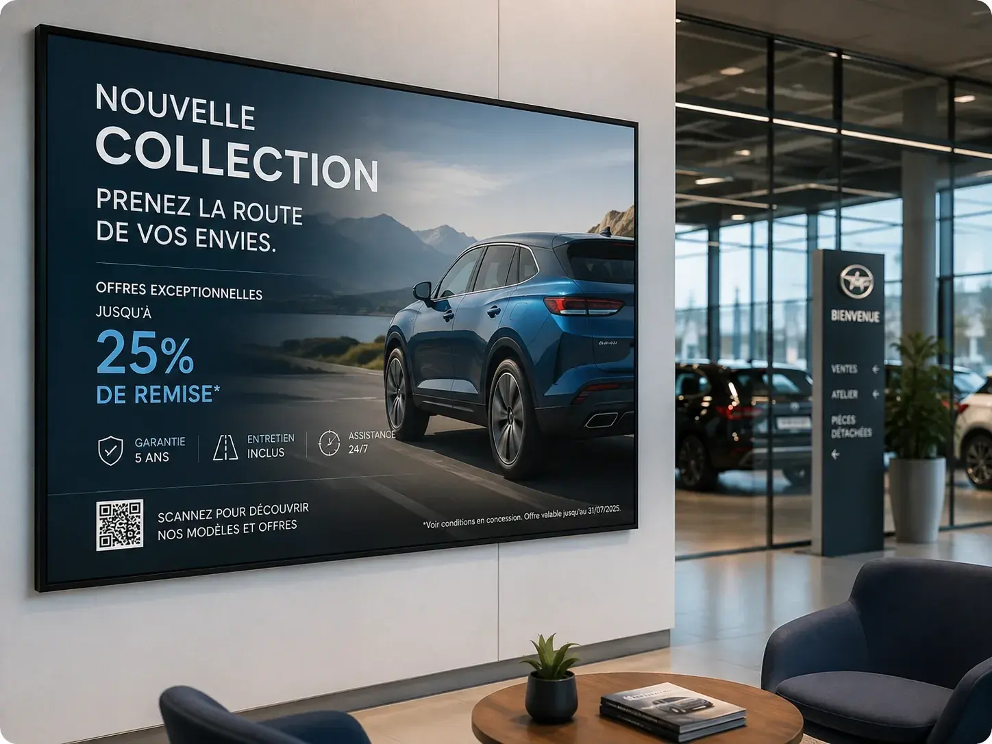 Grand écran mural dans le hall d'une concession automobile, affichant une offre sur la nouvelle collection