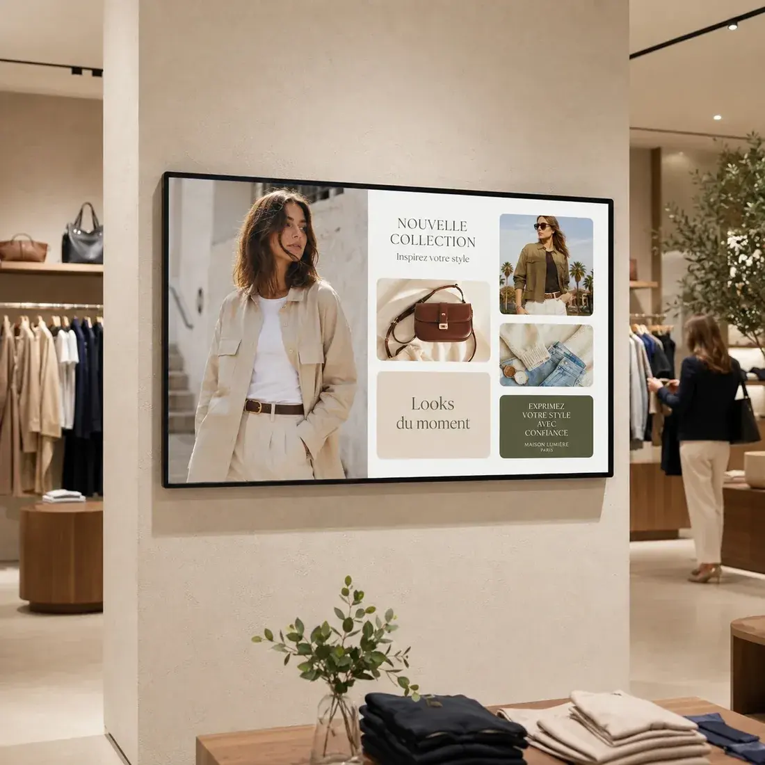 Écran mural dans une boutique de prêt-à-porter présentant la nouvelle collection et les looks du moment