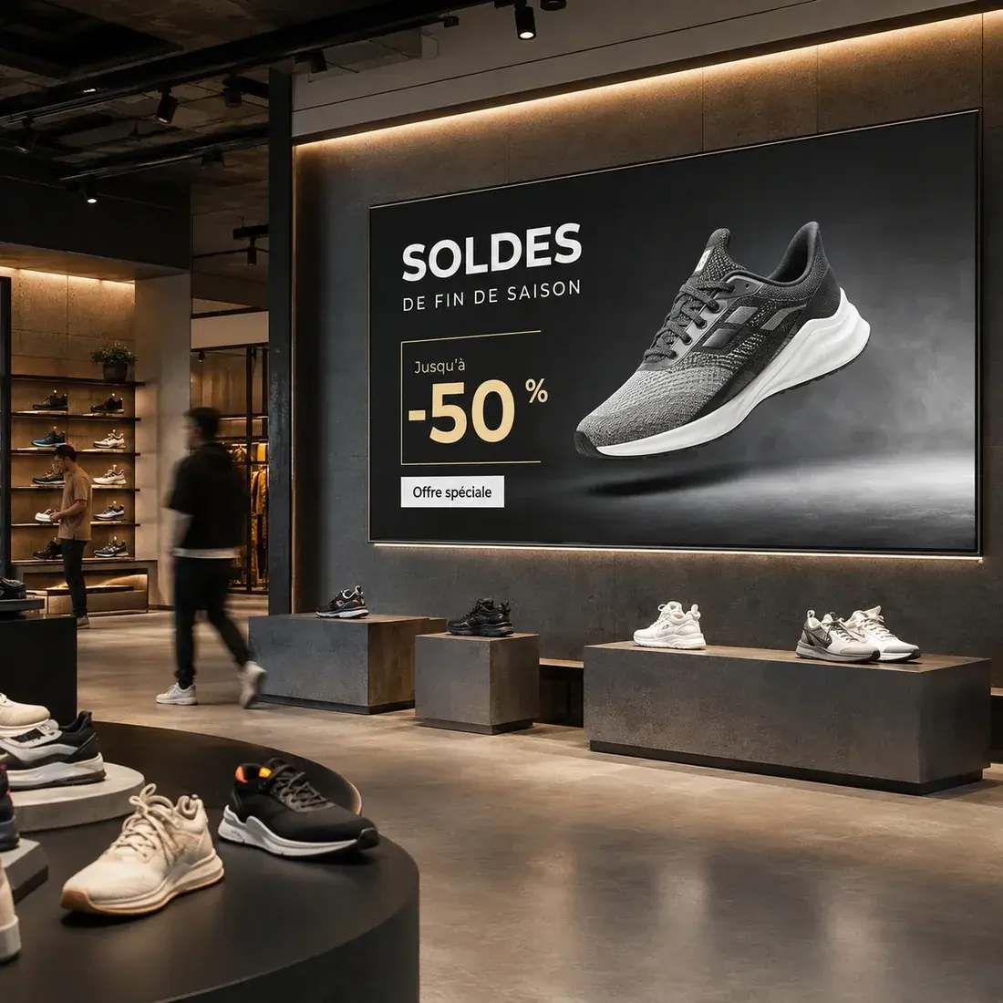 Grand écran affichant des soldes de fin de saison jusqu'à moins cinquante pour cent dans un magasin de sport