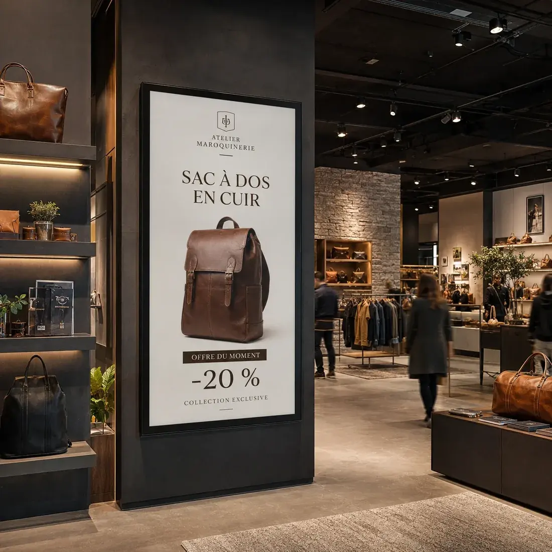 Écran vertical en vitrine d'une maroquinerie, présentant un sac à dos en cuir en offre du moment