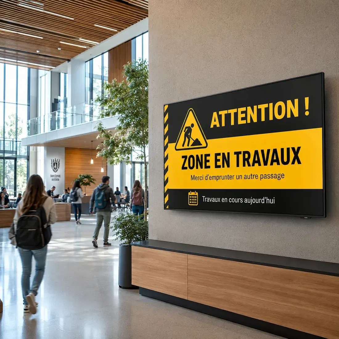 Écran dans un hall d'établissement signalant une zone en travaux et invitant à emprunter un autre passage