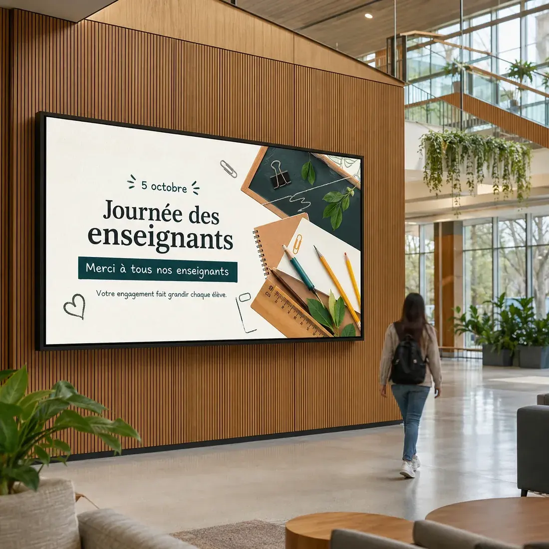 Grand écran dans un hall affichant une annonce pour la journée des enseignants