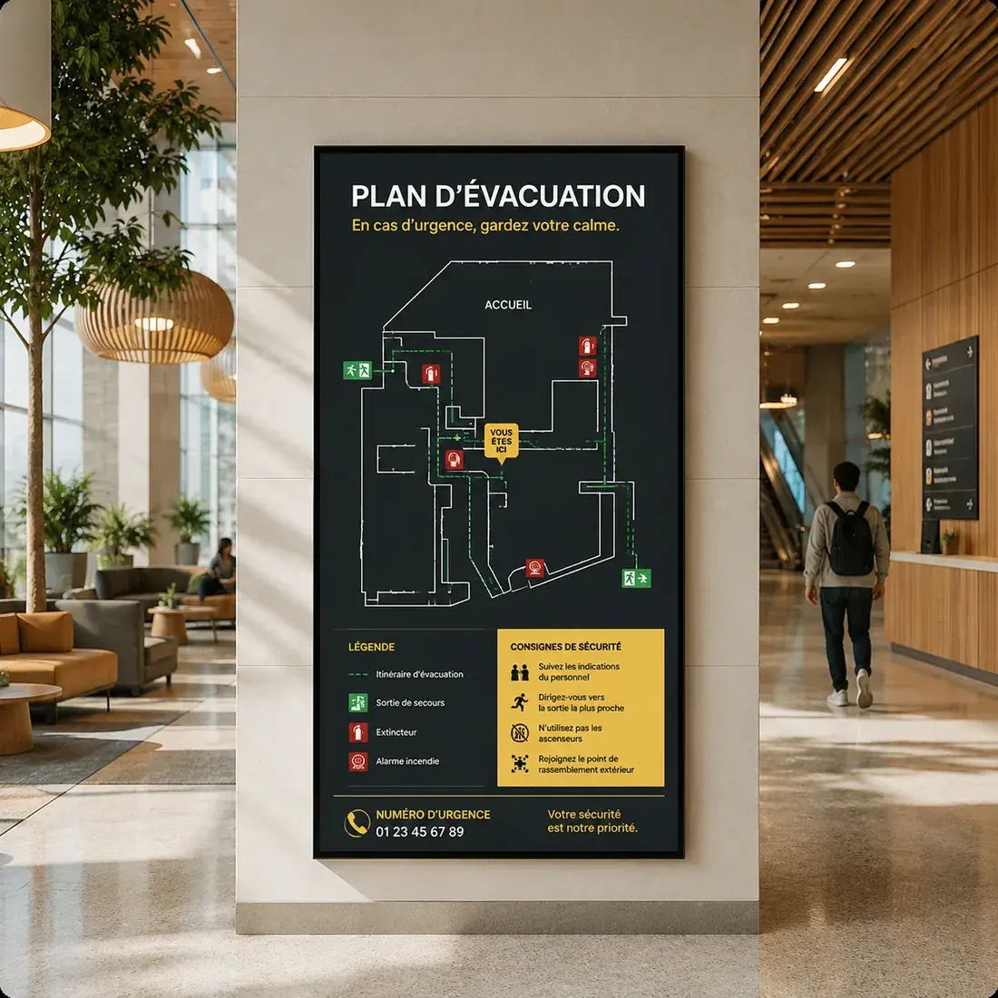 Écran vertical dans un hall affichant un plan d'évacuation avec les issues de secours et les consignes de sécurité