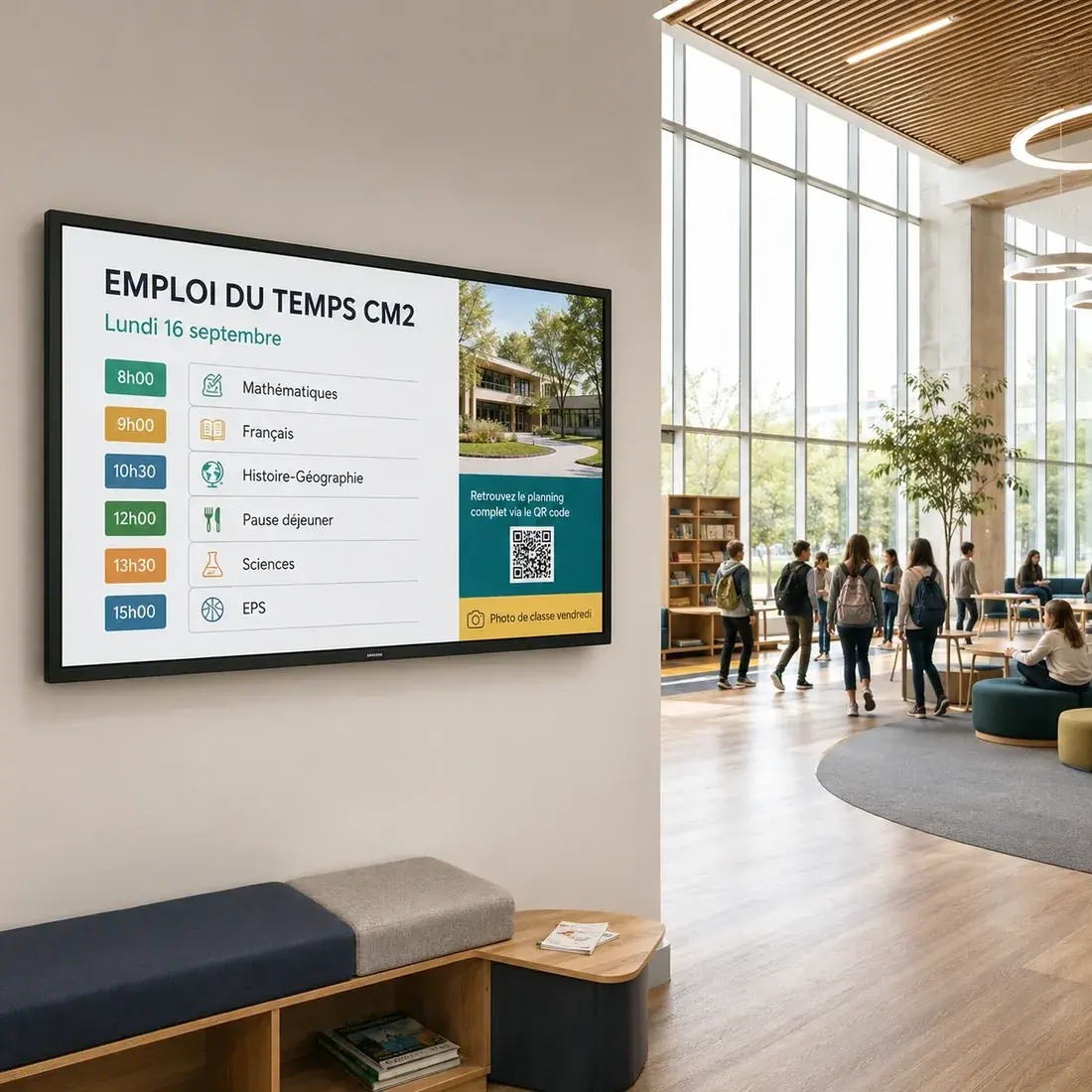 Écran mural affichant l'emploi du temps d'une classe de CM2 avec les matières et les horaires