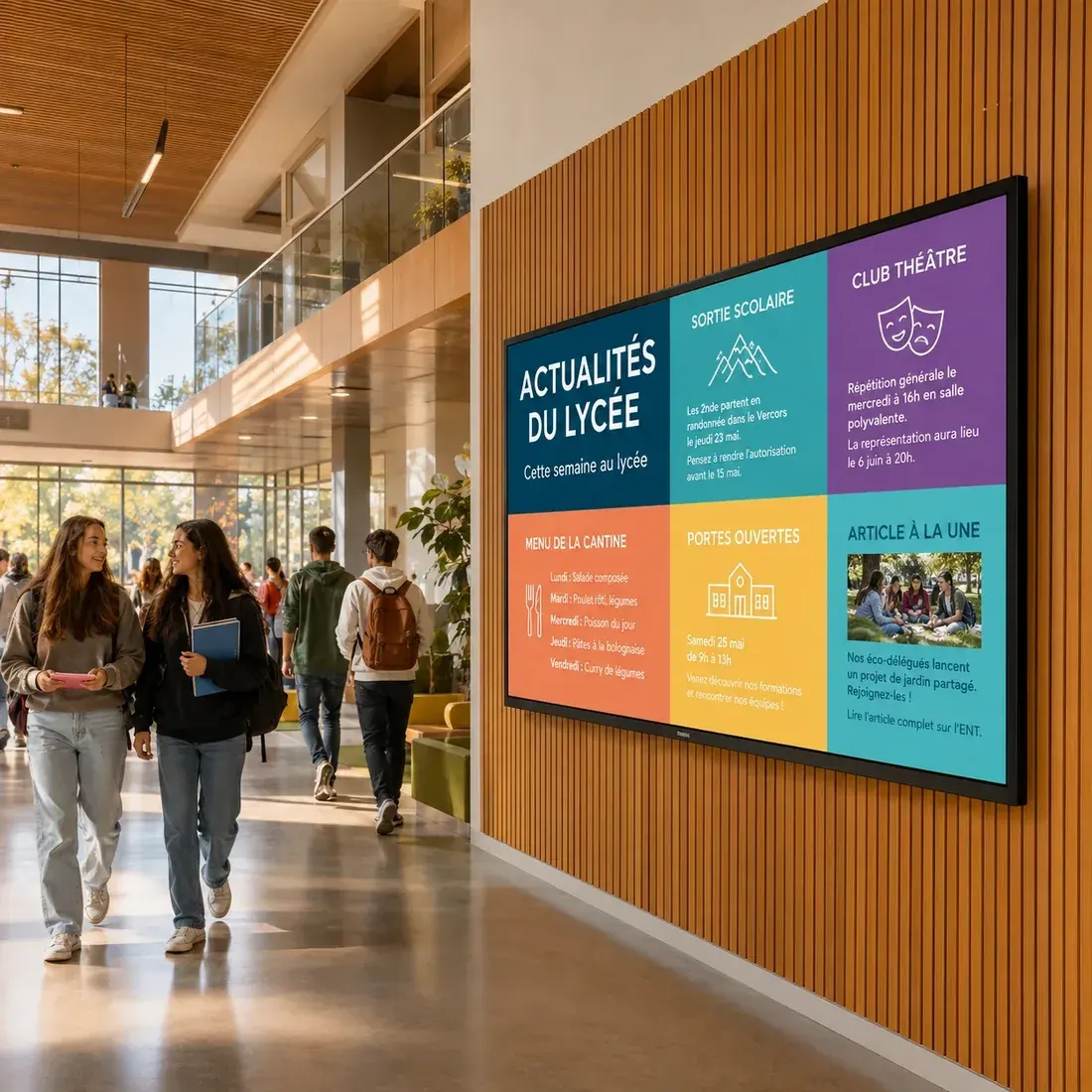 Grand écran dans un couloir de lycée affichant les actualités de la semaine, le menu de la cantine et les clubs