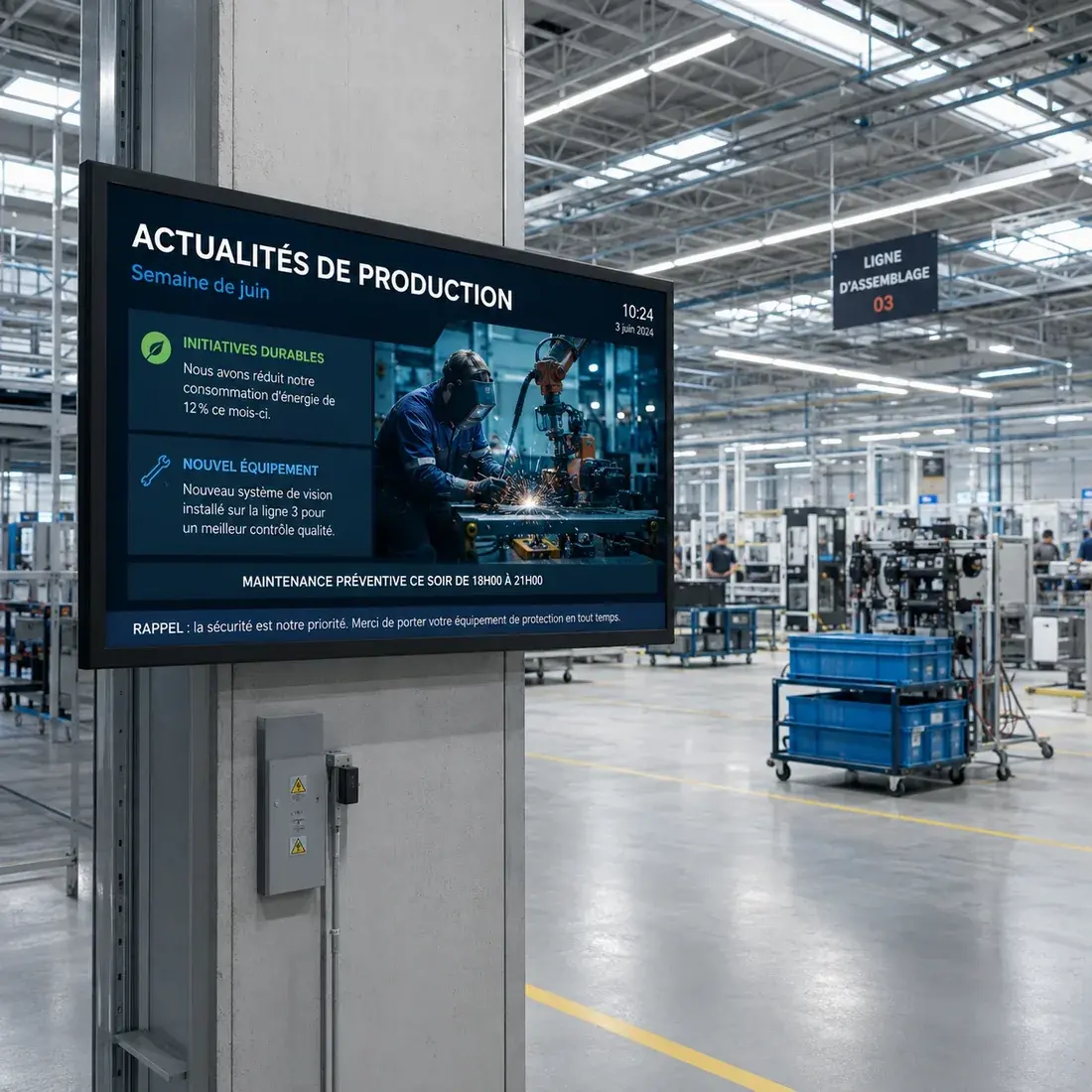 Écran sur un poteau au bord d'une ligne d'assemblage affichant les actualités de production de la semaine