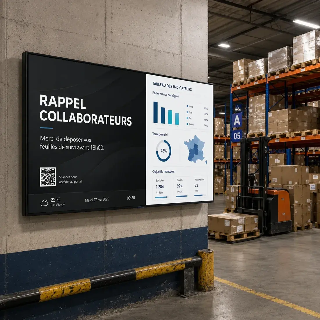 Écran dans un entrepôt affichant un rappel aux collaborateurs et un tableau des indicateurs de performance