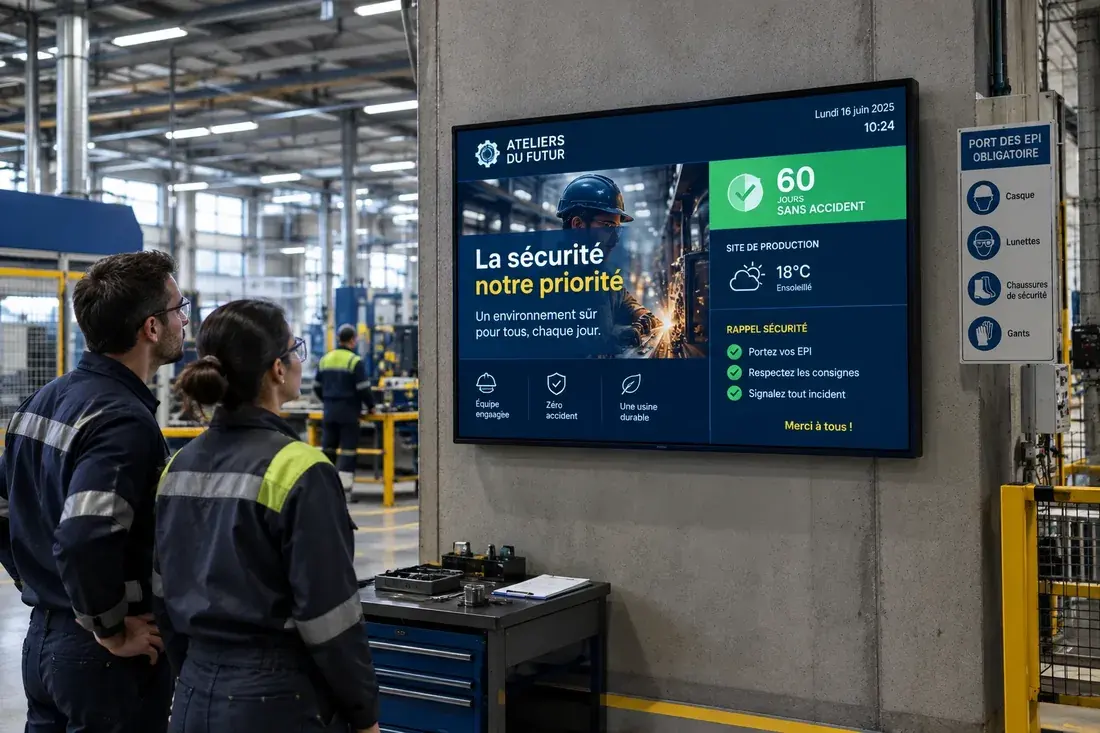 Deux opérateurs consultant un écran d'atelier affichant soixante jours sans accident et les rappels de sécurité