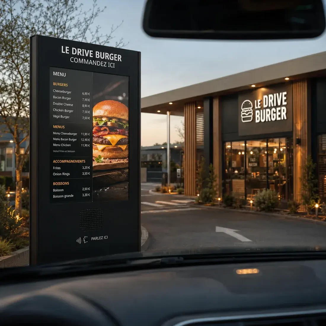 Borne de commande numérique d'un drive vue depuis l'intérieur d'une voiture, affichant le menu et les prix