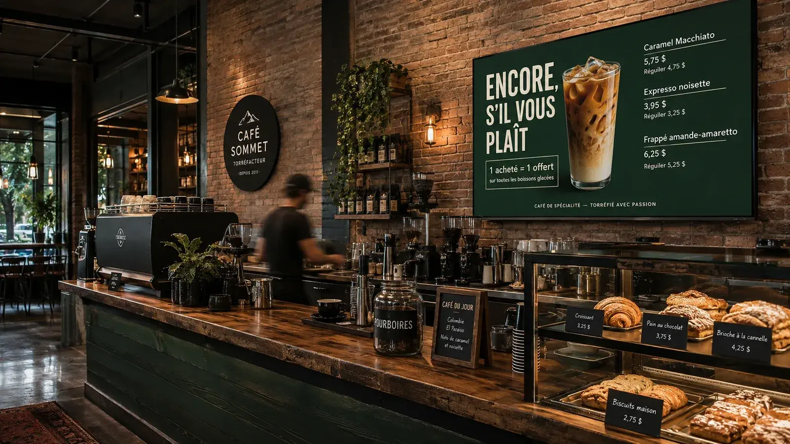 Écran de menu au comptoir d'un café