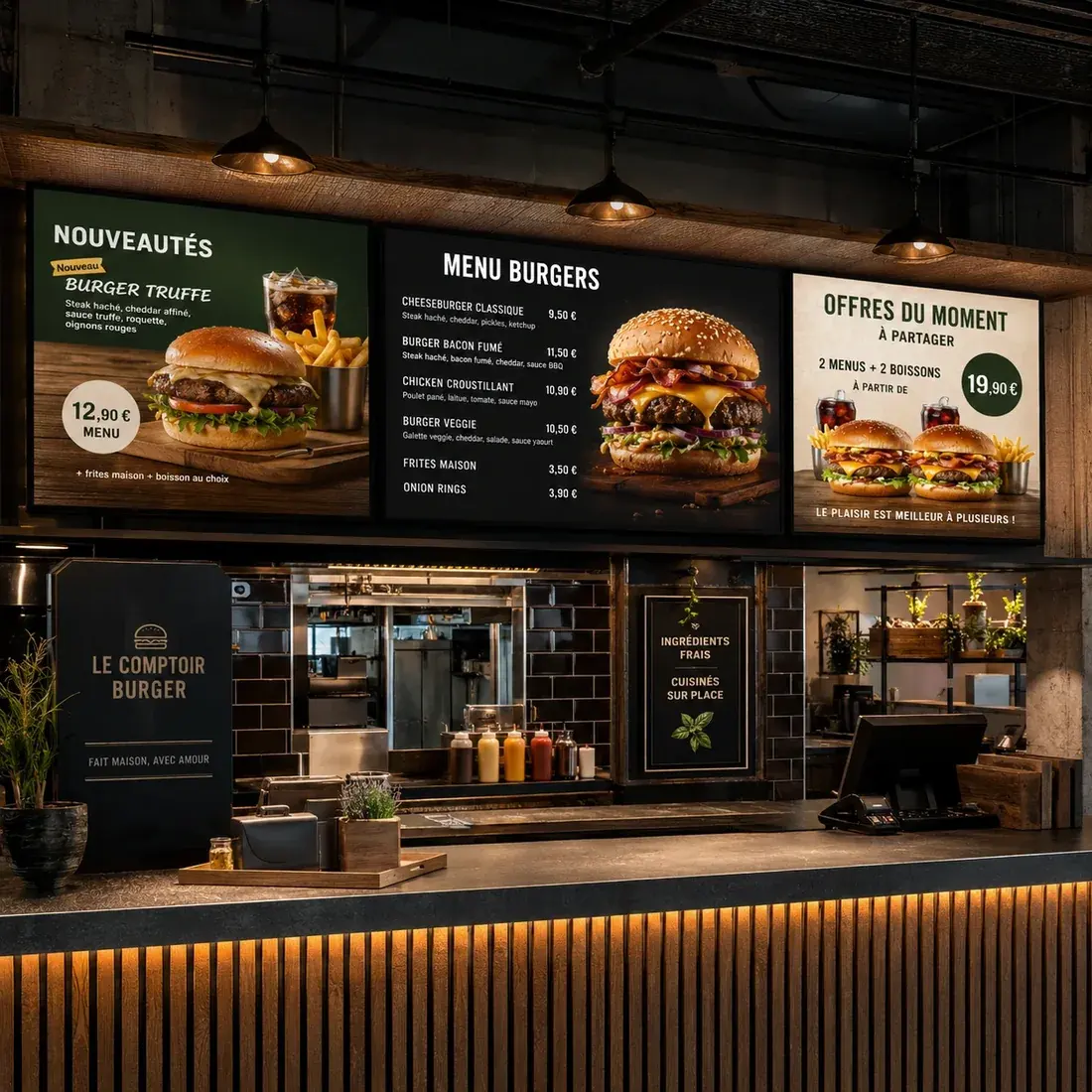Cinq écrans de menu au-dessus du comptoir d'un restaurant de burgers, avec des clients attablés au premier plan