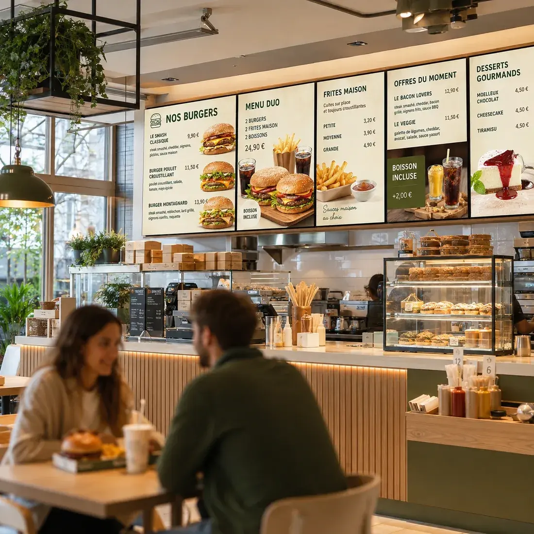 Écran mural dans un café affichant une offre « 1 acheté = 1 offert » sur les boissons glacées, au-dessus du comptoir