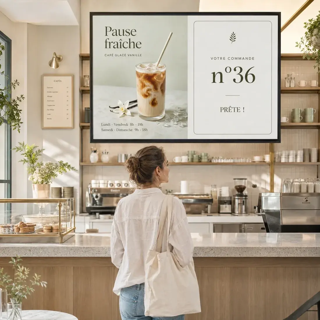 Cliente devant le comptoir d'un café, face à un écran affichant sa commande numéro 36 comme prête