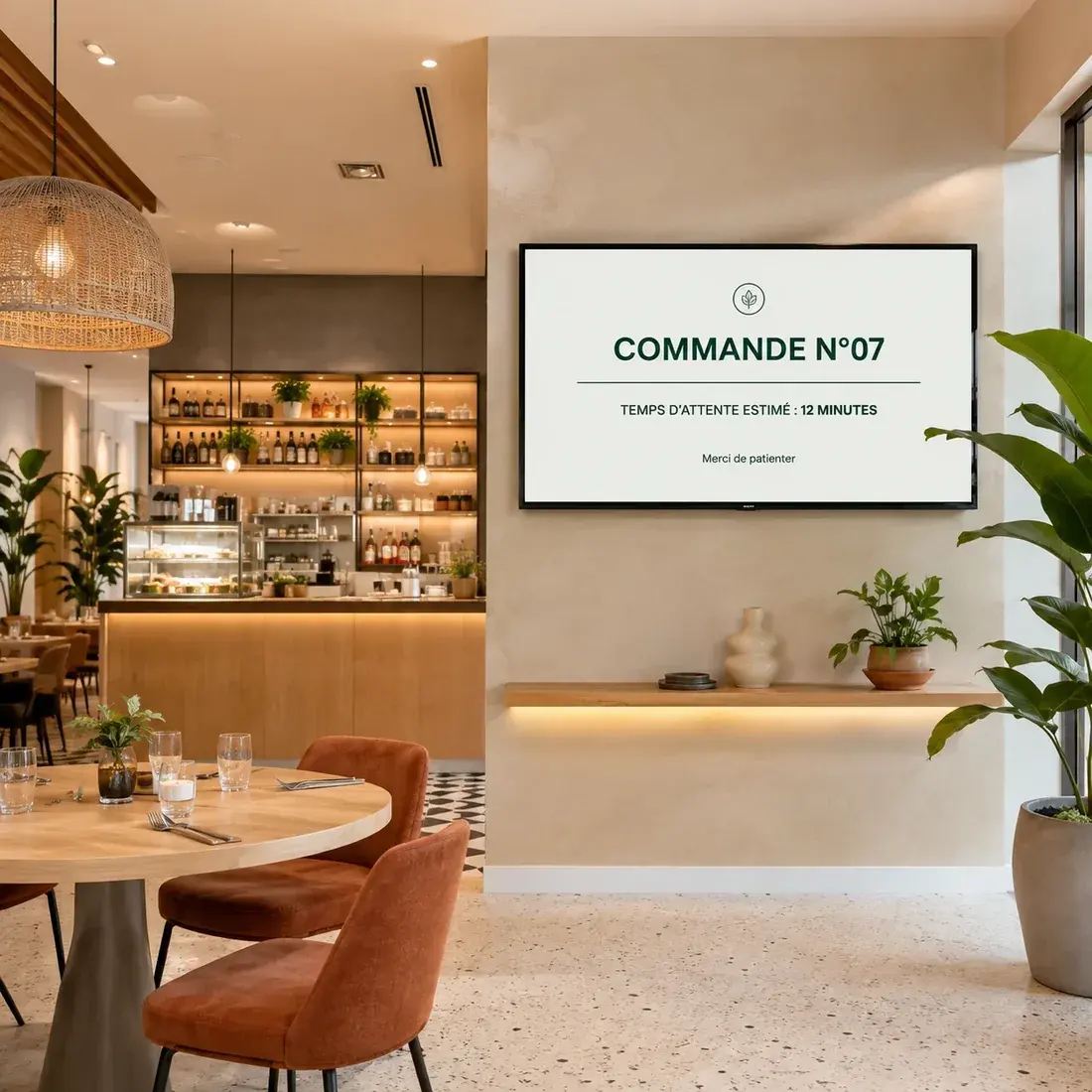 Écran mural dans la salle d'un restaurant affichant le numéro de commande 07 et un temps d'attente estimé de 12 minutes