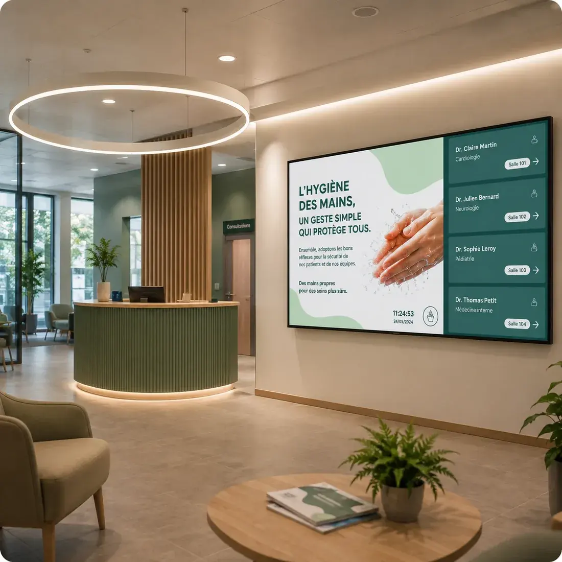 Écran en salle d'attente affichant un message d'hygiène des mains et la liste des praticiens présents