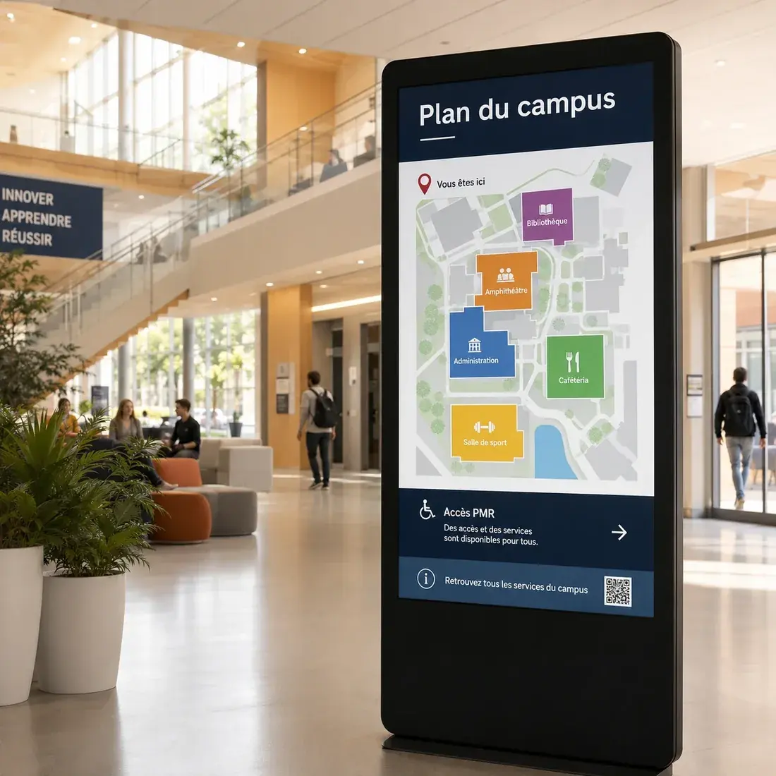 Totem numérique d'orientation dans un hall affichant le plan du site et l'accès aux différents bâtiments