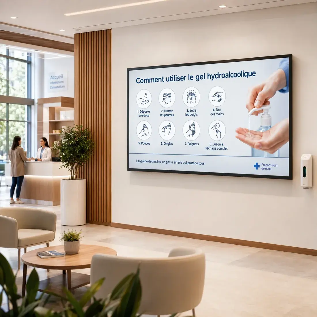 Écran dans une salle d'attente expliquant en images comment utiliser le gel hydroalcoolique