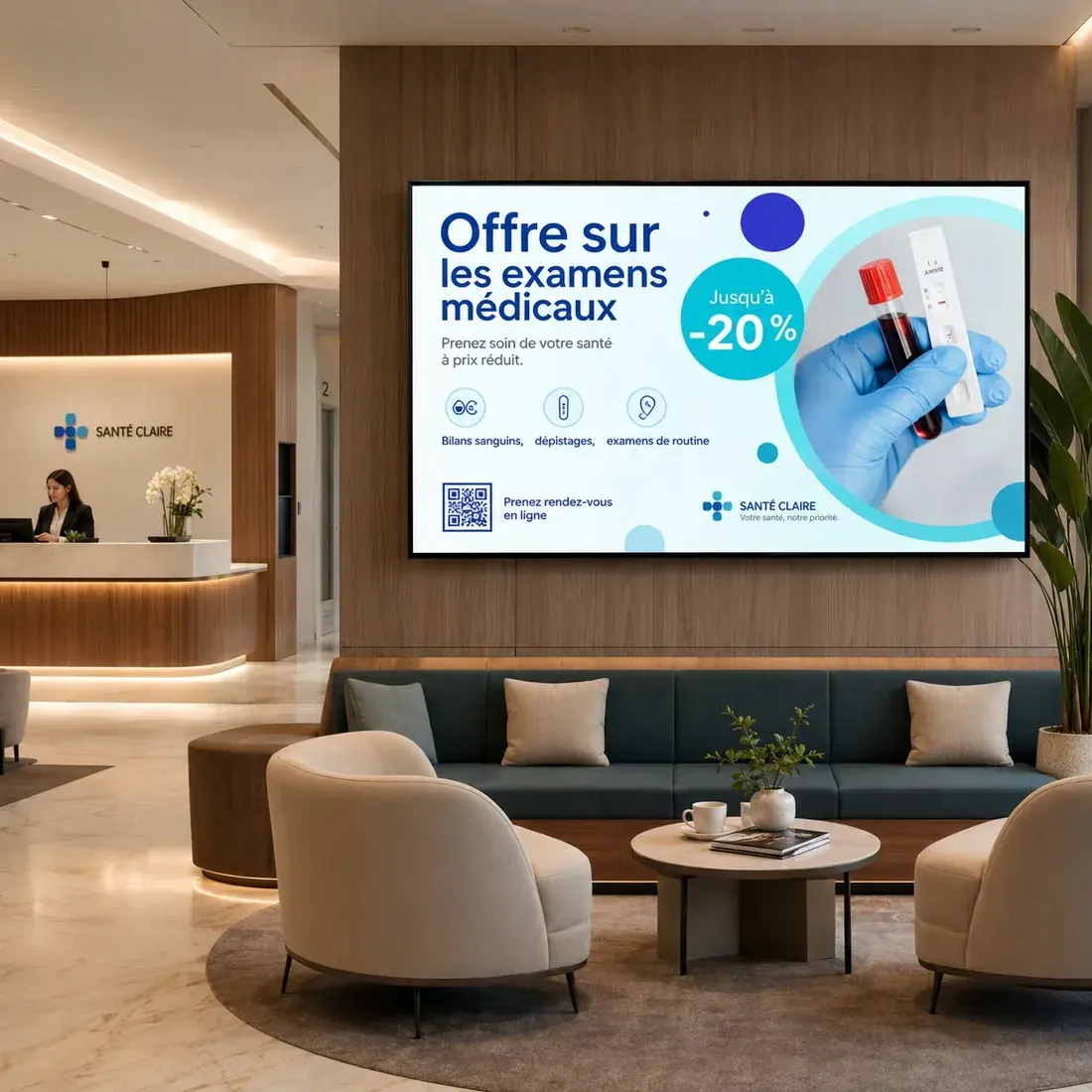 Écran dans un hall d'accueil de centre de santé présentant une offre sur les examens médicaux